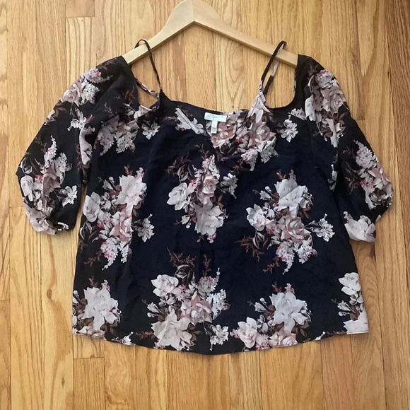 Joie Tops - JOIE silk blouse‎ sz S black floral open shoulder with adjustable straps EUC